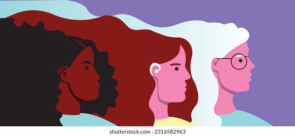 Las mujeres naturales modernas como símbolo de la salud mental, edad, grupo étnico, discapacidad. ilustración de material vectorial