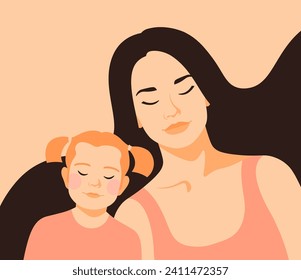 Modern natural young Asian mom and child or mother and daughter. Flat vector illustration of people and children. Love and family concept