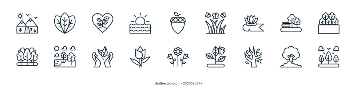 modern nature icon pack. perfect for linear ui designs featuring vector forest, tree, deciduous tree, butterfly, flower, rose flower, save nature and more icons for mobile and web apps.