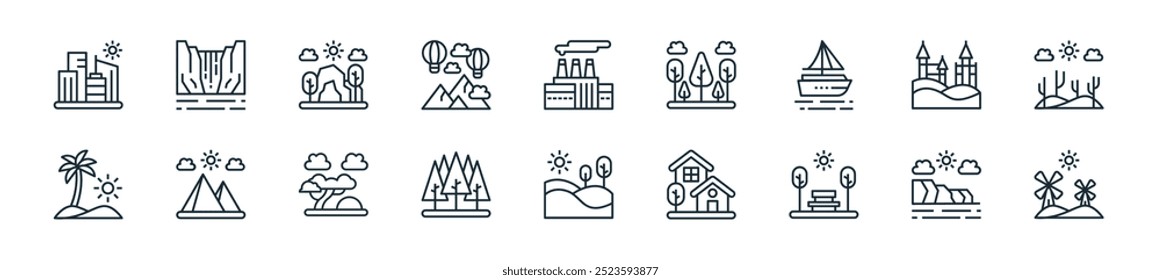 modern nature icon pack. perfect for linear ui designs featuring vector windmill, cave, park, house, hills, forest, savannah and more icons for mobile and web apps.