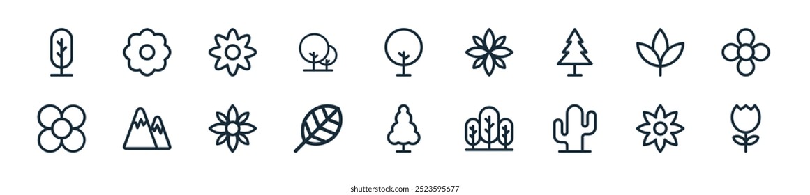 modern nature icon pack. perfect for linear ui designs featuring vector tulip, flower, cactus, trees, tree, leaf, blooming and more icons for mobile and web apps.