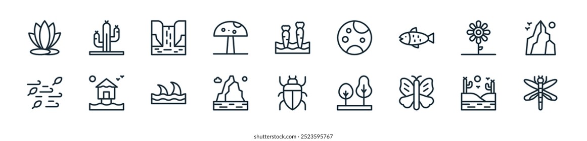 modern nature icon pack. perfect for linear ui designs featuring vector dragon fly, desert, butterfly, tree, scarab, iceberg, wave and more icons for mobile and web apps.