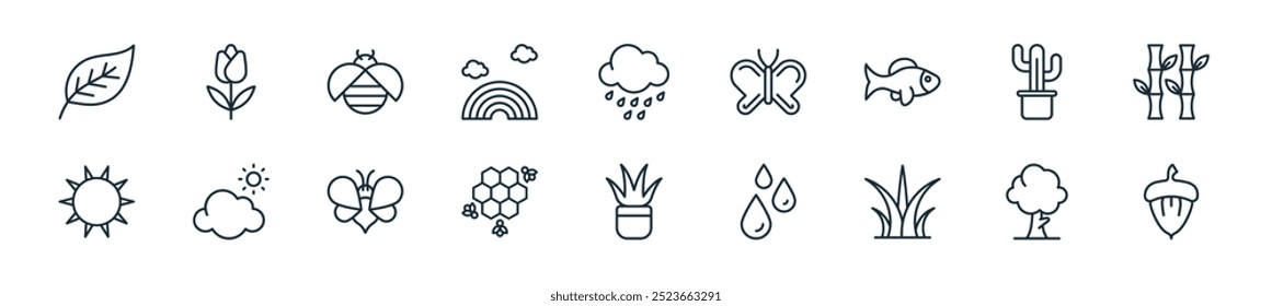 modern nature icon pack. perfect for linear ui designs featuring vector acorn, tree, grass, drop, plant, honey, bee and more icons for mobile and web apps.