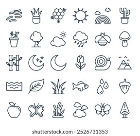 modern nature icon pack. perfect for linear ui designs featuring vector pine tree, bee, clouds, reeds, butterfly and more icons.