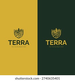 Modern nature landscape logo featuring trees, forest, and a winding road inside a shield badge. Professional eco and environmental brand identity design in green and gold color scheme. Suitable for agriculture, organic brands, eco companies, landscaping services, travel agencies, and nature-related businesses.