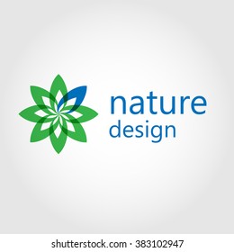 Modern nature logo design with flower symbol in green and blue colors.