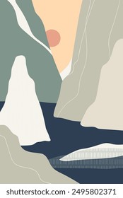 Modernes Naturposter. Landschaftswandkunst, vertikaler Hintergrund. Abstrakte minimalistische Landschaft, Sonne, Klippen, Felsen, Berge und Meer. Ruhige ruhige ruhige Karte, Cover-Design. flache Vektorillustration