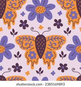 Modern nature seamless pattern with butterfly and flowers. Trendy colorful natural endless background with moth, blossom, leaves for kids, textile, wrapping paper. Vector illustration