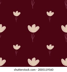 Modern nature seamless pattern with minimalistic flower pink silhouettes. Maroon background. Doodle print. Vector illustration for seasonal textile prints, fabric, banners, backdrops and wallpapers.