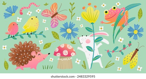 Diseño de superficie de naturaleza moderna con plantas y animales de la naturaleza. Gráficos decorativos planos de Vector para el embalaje del producto y el diseño de la superficie. Ilustración de decoración de Vector dibujado a mano en estilo acuarela.