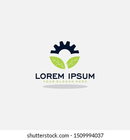 Modern nature technology logo with leaf and gear machine. Agriculture logo template icon, Green Eco Tech Logo. Concept Nature Industry. vector eps10