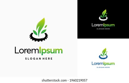 Modern nature technology logo, leaf and gear machine vector, Agriculture logo template icon, Green Eco Tech Logo Template Design Vector, Nature Industry