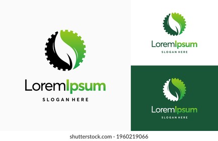 Modern nature technology logo, leaf and gear machine vector, Agriculture logo template icon, Green Eco Tech Logo Template Design Vector, Nature Industry