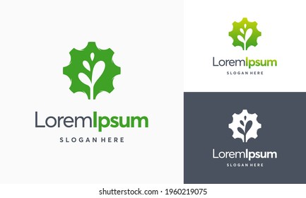 Modern Nature Technology Logo, Leaf And Gear Machine Vector, Agriculture Logo Template Icon, Green Eco Tech Logo Template Design Vector, Nature Industry