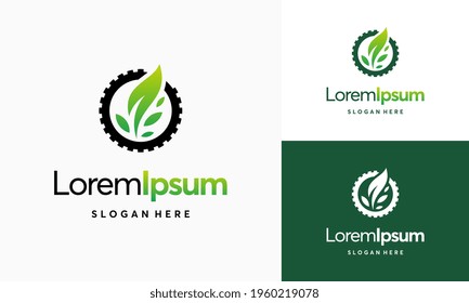 Modern nature technology logo, leaf and gear machine vector, Agriculture logo template icon, Green Eco Tech Logo Template Design Vector, Nature Industry