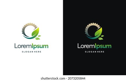 Modern Nature Technology Logo, Leaf And Gear Machine Vector, Agriculture Logo Template Icon, Green Eco Tech Logo Template Design Vector, Nature Industry