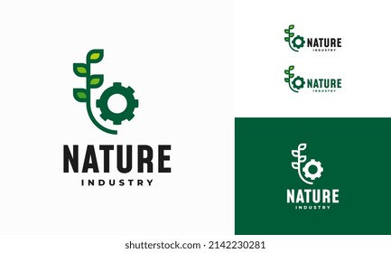 Logotipo de tecnología de la naturaleza moderna, vector de la máquina de la hoja y el engranaje, icono de la plantilla del logotipo agrícola, Vector de plantilla del logotipo ecológico verde, Industria de la naturaleza