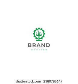 Modern nature technology logo, leaf and tree machine vector, agriculture logo template