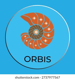 Modern nautilus shell logo with stars on blue background, 