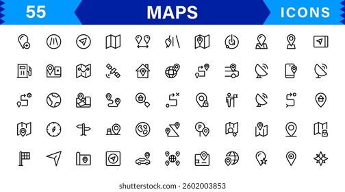 Modern Navigation and Location Maps Icon Collection for UI, GPS, and Travel Apps