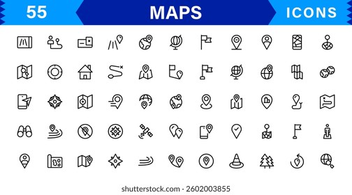 Modern Navigation and Location Maps Icon Collection for UI, GPS, and Travel Apps