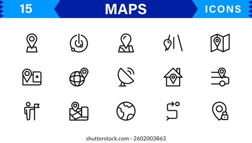 Modern Navigation and Location Maps Icon Collection for UI, GPS, and Travel Apps