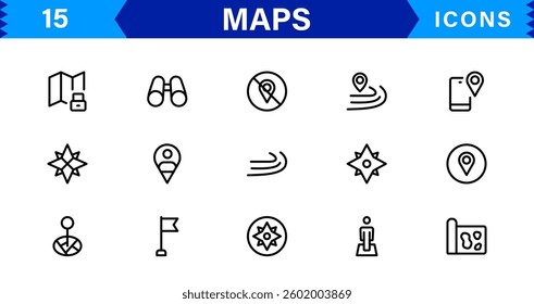 Modern Navigation and Location Maps Icon Collection for UI, GPS, and Travel Apps