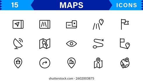 Modern Navigation and Location Maps Icon Collection for UI, GPS, and Travel Apps