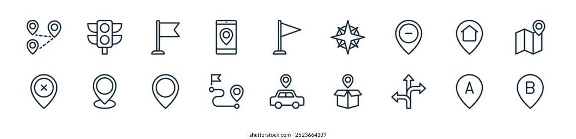 modernes Navigations- und Kartensymbolpaket. perfekt für lineare ui-Designs mit Vektorende, Start, Turn, Lieferung, Automobil, Distanz, Platzhalter und mehr Symbolen für mobile und Web-Apps.