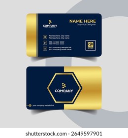 Modern Navy Blue and Gold Business Card with Hexagon Graphic Elements