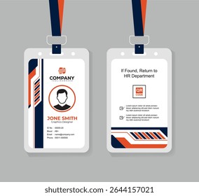 Modern Navy Blue and Orange Corporate ID Card Template with QR Code, Photo, and Editable Layout for Professional Staff