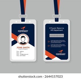 Modern Navy Blue and Orange Corporate ID Card Template with QR Code, Photo, and Editable Layout for Professional Staff