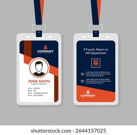 Modern Navy Blue and Orange Corporate ID Card Template with QR Code, Photo, and Editable Layout for Professional Staff