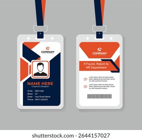 Modern Navy Blue and Orange Corporate ID Card Template with QR Code, Photo, and Editable Layout for Professional Staff