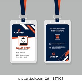 Modern Navy Blue and Orange Corporate ID Card Template with QR Code, Photo, and Editable Layout for Professional Staff