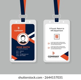 Modern Navy Blue and Orange Corporate ID Card Template with QR Code, Photo, and Editable Layout for Professional Staff