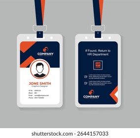 Modern Navy Blue and Orange Corporate ID Card Template with QR Code, Photo, and Editable Layout for Professional Staff