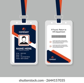 Modern Navy Blue and Orange Corporate ID Card Template with QR Code, Photo, and Editable Layout for Professional Staff