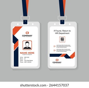 Modern Navy Blue and Orange Corporate ID Card Template with QR Code, Photo, and Editable Layout for Professional Staff