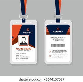 Modern Navy Blue and Orange Corporate ID Card Template with QR Code, Photo, and Editable Layout for Professional Staff