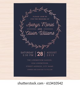 Modern Navy Blue And Rose Gold Colors Wedding Invitation Card Template Decorate With Hand Drawn Leaf Wreath Laurel. Vector Illustration.