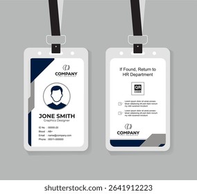 Modern Navy Blue and White ID Card Template with QR Code for Company Staff and Employee