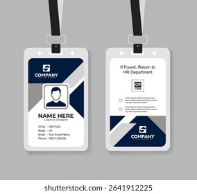 Modern Navy Blue and White ID Card Template with QR Code for Company Staff and Employee