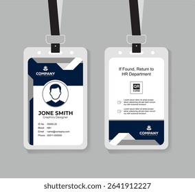 Modern Navy Blue and White ID Card Template with QR Code for Company Staff and Employee