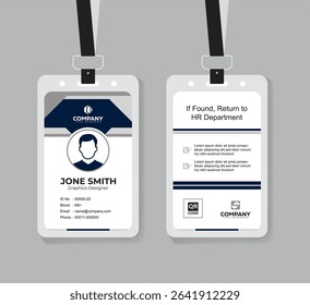 Modern Navy Blue and White ID Card Template with QR Code for Company Staff and Employee
