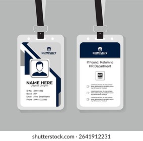 Modern Navy Blue and White ID Card Template with QR Code for Company Staff and Employee