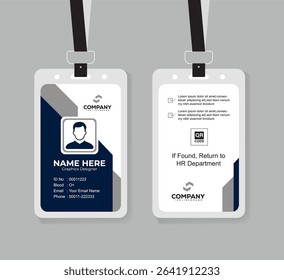 Modern Navy Blue and White ID Card Template with QR Code for Company Staff and Employee