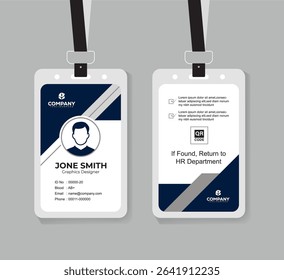 Modern Navy Blue and White ID Card Template with QR Code for Company Staff and Employee