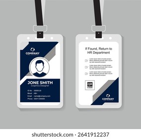 Modern Navy Blue and White ID Card Template with QR Code for Company Staff and Employee