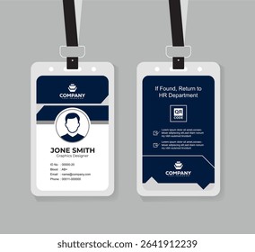 Modern Navy Blue and White ID Card Template with QR Code for Company Staff and Employee